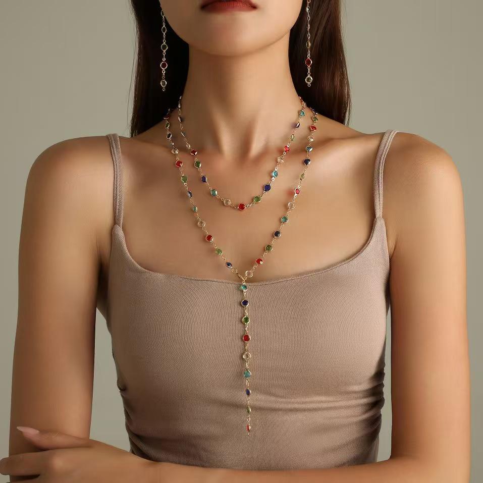 Colorful Rhinestone Y-Shaped Necklace with Faux Pearls & Tassel Sweater Chain