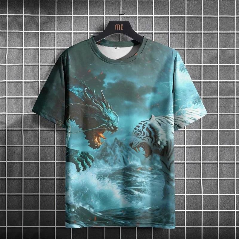 Full Print Animal Dragon Tiger Graphic T Shirt For Men Summer Short Sleeve Oversized Tshirts Tops 3d Print Men's T-Shirts