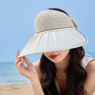 Women's Sun Visor Hat Summer Large Brim Fishing Cap with Bow UV Protection Half Open Top Beach Hat for Hiking Travel