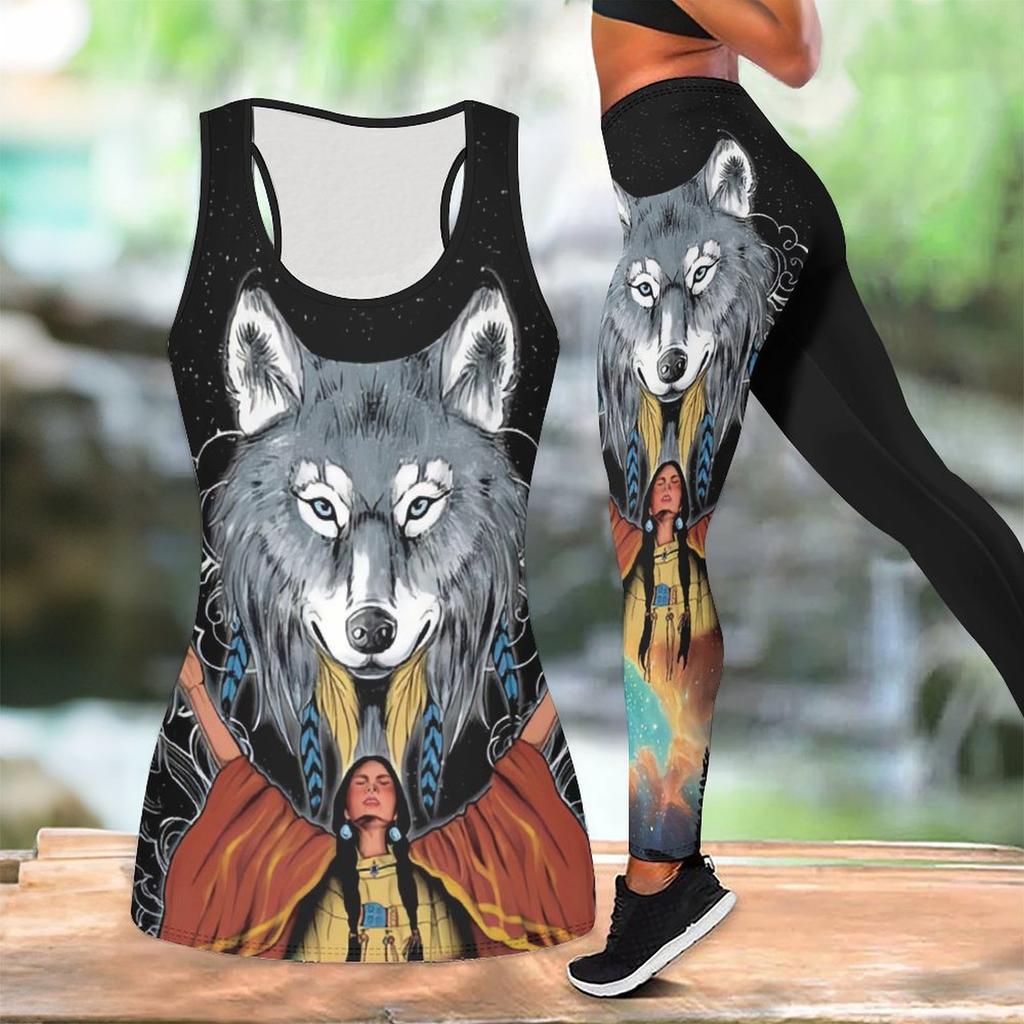 Strój do jogi z nadrukiem totemu wilka dla kobiet Modne legginsy treningowe Zestaw do fitnessu i sportu Codzienny zestaw do jogi Garnitur sportowy