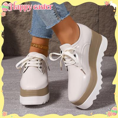 Britischer Stil Plateau-Schuhe mit eckiger Spitze für Damen Dicke Sohle Höhenvergrößernd Schlankmachend Rutschfest Leichtgewicht Allround Schnürschuhe