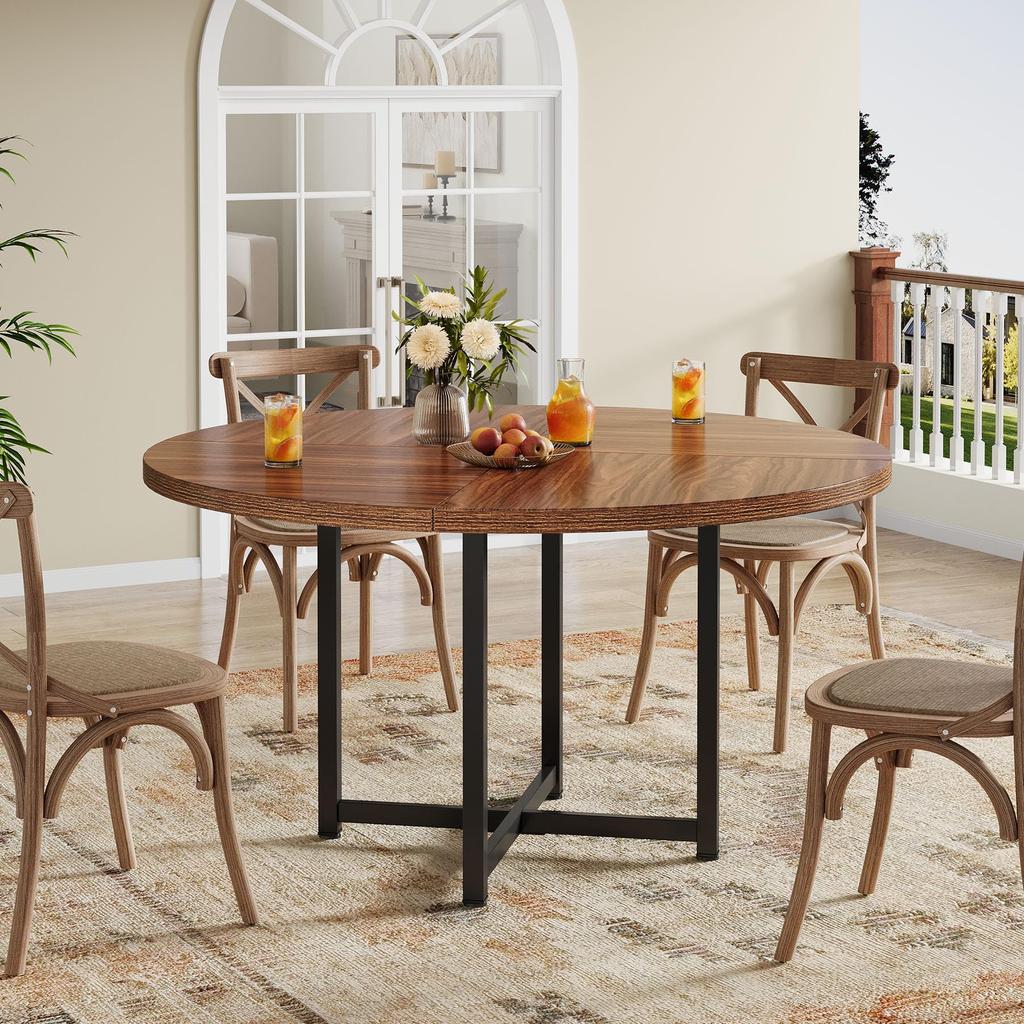 Tribesigns Round Dining Table for 4-6, 120cm Circle Kitchen Table, Modern Wood Small Dinner Tables, with Sturdy Cross Metal Legs