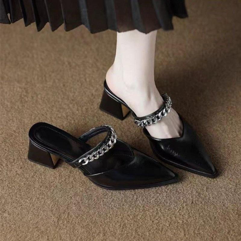 Fashion Summer New Baotou Sandals Pointed Toe Shallow Mouth Metal Chain One Slip Strap Anti-slip Outer Wear Square Heel High Heels