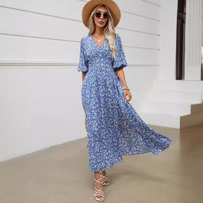 Vestidos casuales de cintura alta con cuello en V y manga corta con estampado de flores para verano y primavera para mujer