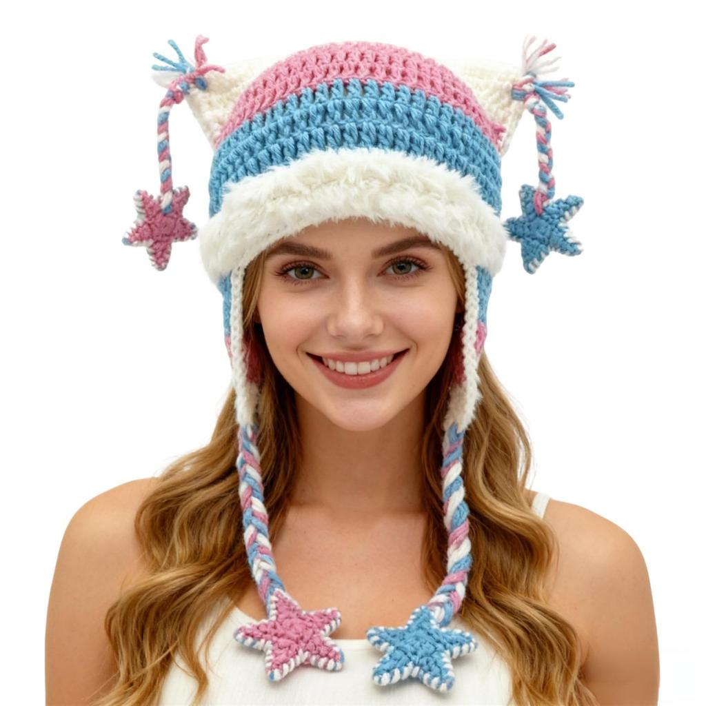 Women's Hand-Knitted Star Striped -Ear Braid Hat With Ear Protectioned, Fashionable And Versatile Cap
