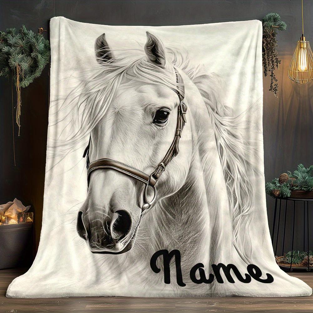 Op Maat Gemaakte Paardendeken Gepersonaliseerde Naam Wit Paard Portret Fleece Plaid Ruiter Cadeau Zacht Warm Alle Seizoenen Decor 150x200cm59x79in