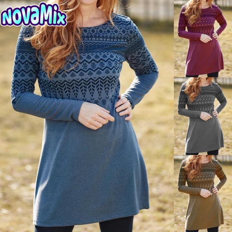 NovaMix Damenmode Herbst Winter Langarm O-Ausschnitt Freizeitkleider