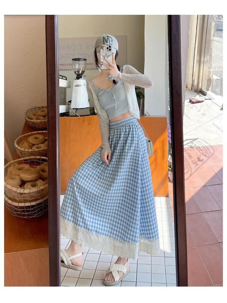 Women's High Waist Checkered Lace Trim A-line Midi Skirt (2025)