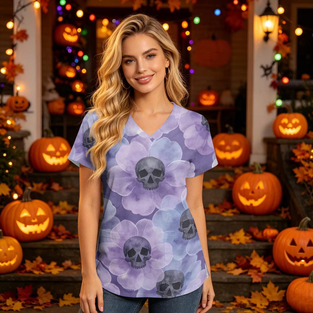 Women's V-Neck Short Sleeve Scrub Top with Pockets Halloween Print Caregiver Uniform