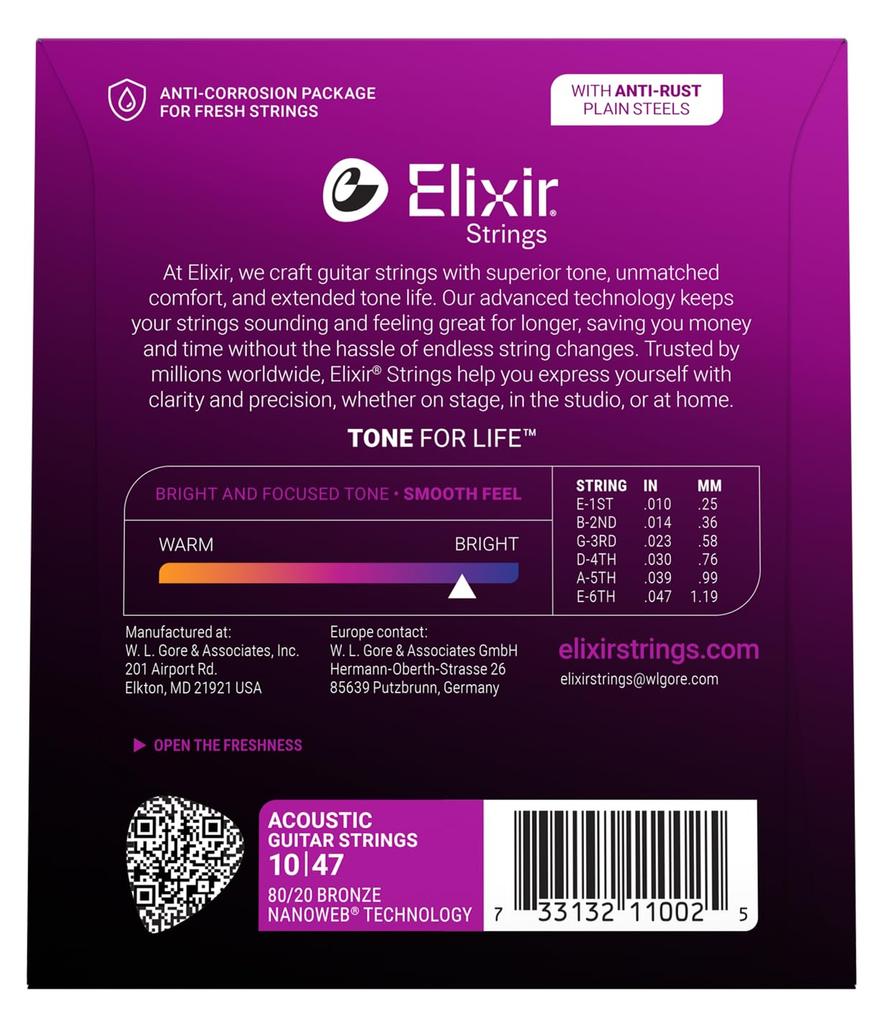 Elixir Acoustic Guitar Strings NANOWEB 80/20 Bronze Extra Light .010-.047 #11002 [Domestic Genuine Product]