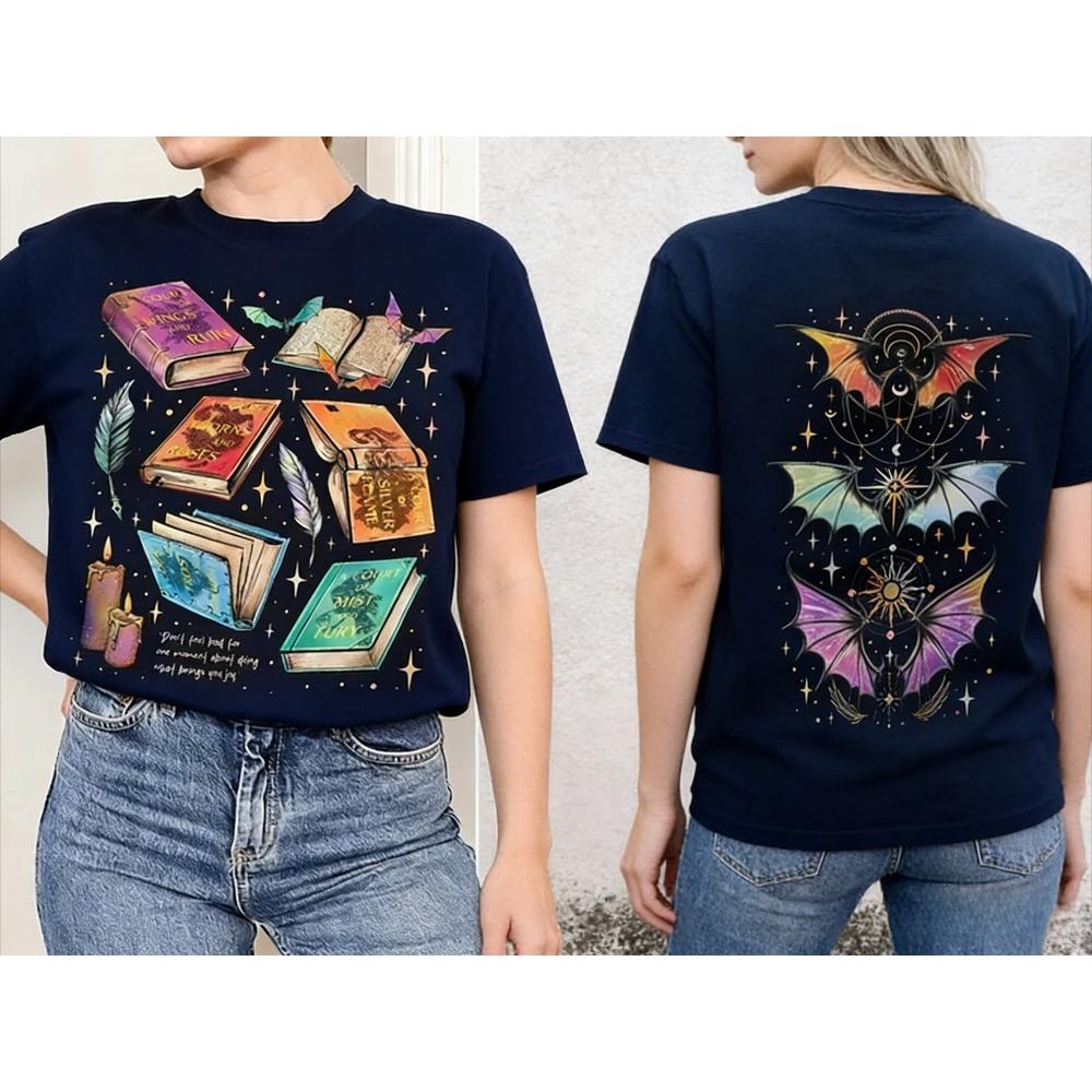 

Fantasy Book Stack Front Back Print Graphic TShirt Women Cotton ACOTAR Fourth Wing Book Lover Fantasy Reader Daily Outfit S