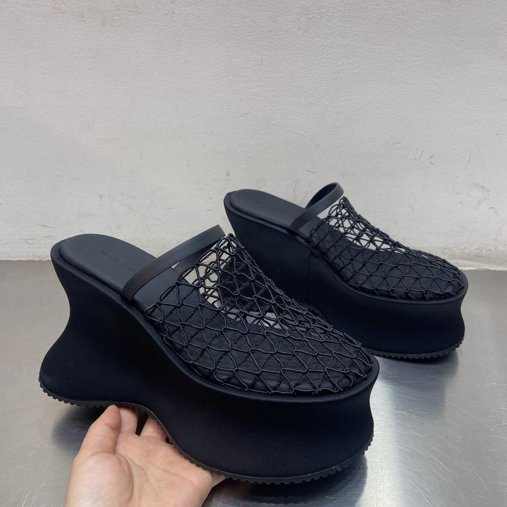2025 summer new summer design hollow breathable half drag thick bottom heightening muffin slope heel cool slippers women's wear