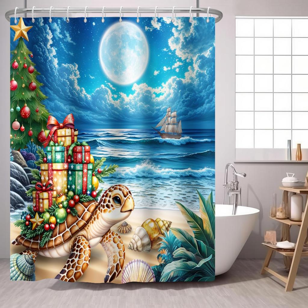 Nautical Lighthouse Shower Curtain Beach Coastal Sunset Sail Boat Retro Scenery Bathroom Decor Bath Curtain With Hooks