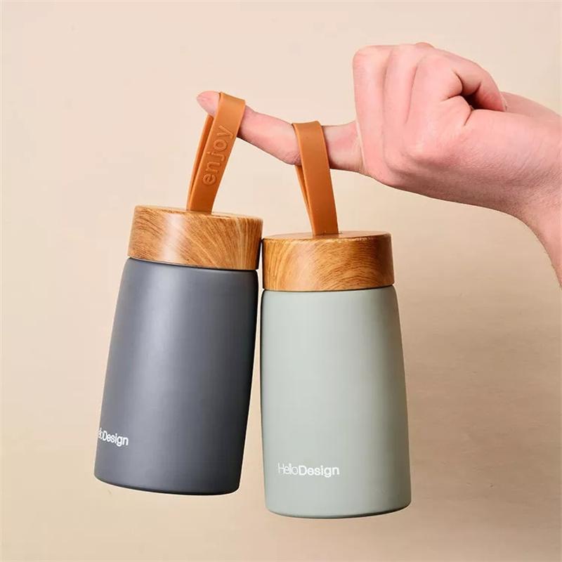 Double Wall Insulated Thermos 304 Stainless Steel Vaccum Flask Outdoor Portable 280ml Wood Water Cup Mini Vacuum Water Bottle