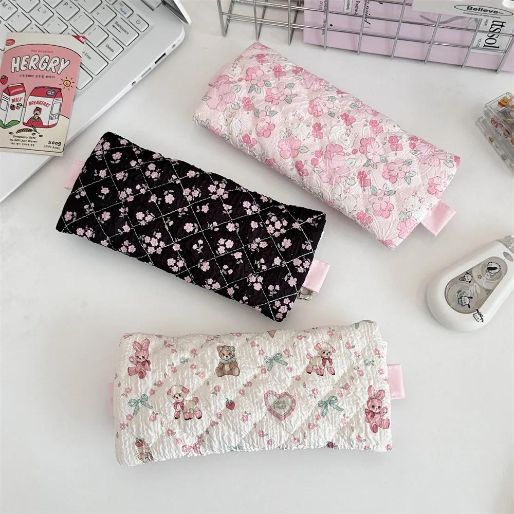 Cute Lace Ruffle Pencil Case for Kids Girl Sweet Cartoon Makeup Brush Organizer Large Capacity Soft Fabric Stationery Storage