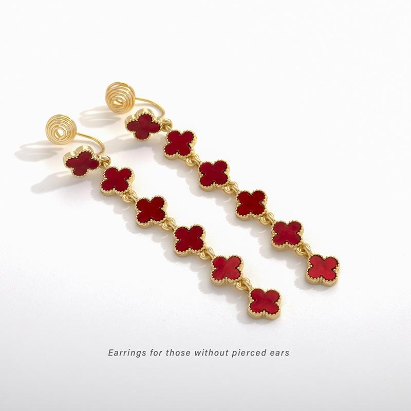 Advanced glazed four leaf clover tassel earrings with exquisite, ultra long, personalized ear clips without ear holes