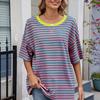 Women T-shirt Loose Fit Striped Print Round Neck Short Sleeve Tee Tops Elastic Fit Summer Pullover Tops