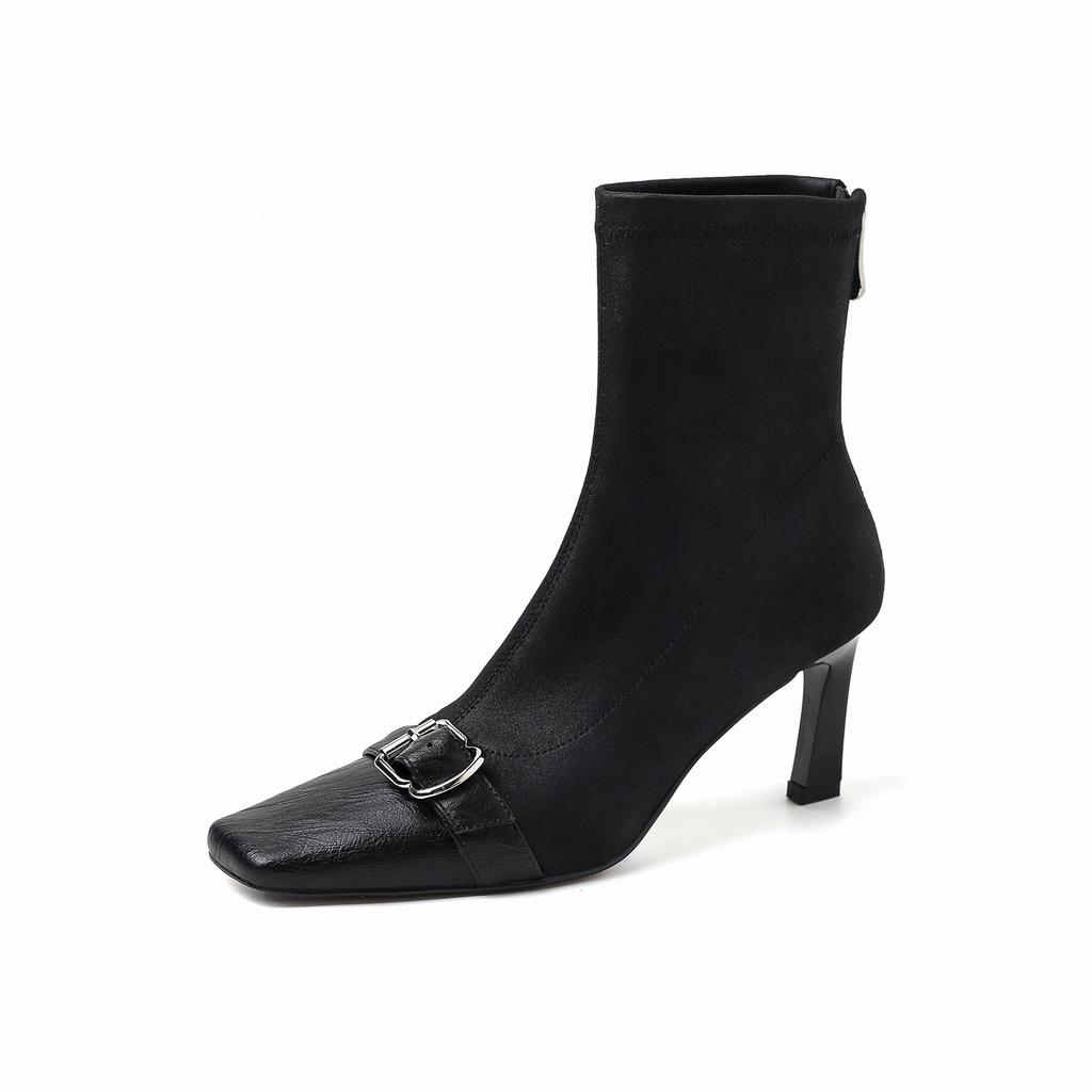 7CM Niche Fashion Heightening Elastic Thin Boots 2025 Autumn and Winter New Square Head Thin Heel Rear Zipper High Boots