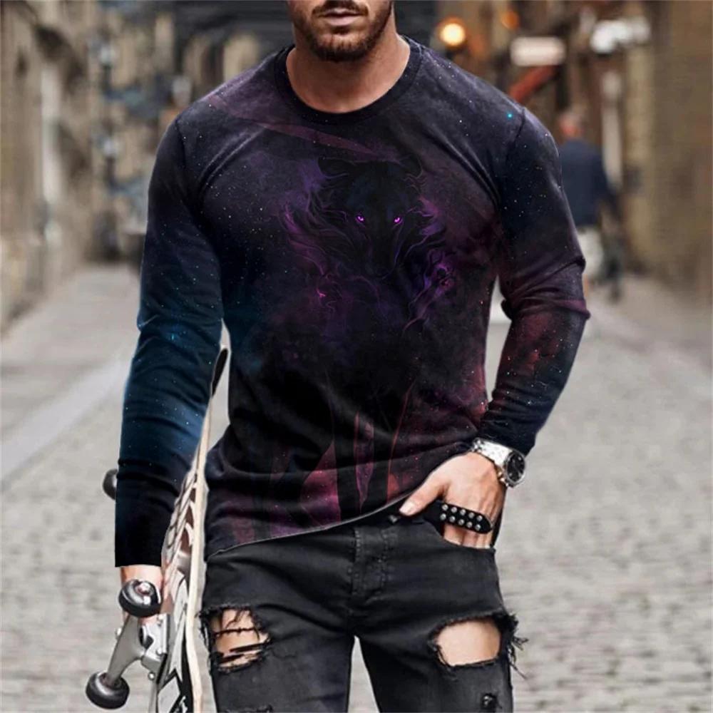 Fashionable New Animal Lion Print Men's O-neck Long Sleeved T-shirt Casual Oversized Pullover Round Neck Comfortable Top