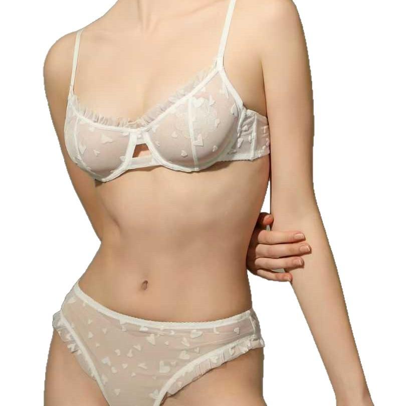 Sexy lace underwear ultra-thin perspective heart-shaped printing women's big breasts show small bras erotic underwear set