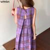 VONDA Ethnic Women Casual Round Neck Sleeveless Plaid Print Casual Tunic Dress
