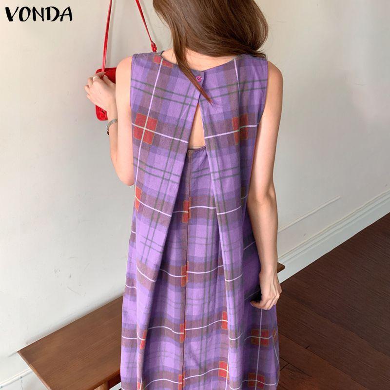VONDA Ethnic Women Casual Round Neck Sleeveless Plaid Print Casual Tunic Dress