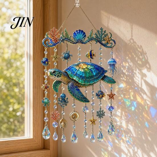 Tiffany-Glas-Stil Ornament Meeresbewohner Acryl-Fensteraufhänger, Buntglas Meeresschildkröte Wal Delfin Suncatcher Kristallperlen-Aufhänger mit Perlen