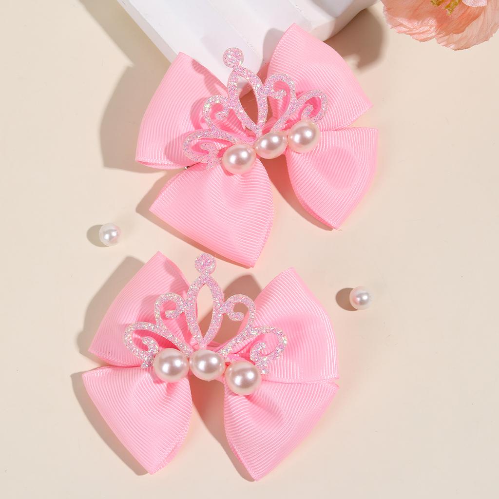 2 Stück Mädchen Haarspangen mit Schleife, Glänzende Krone & Kunstperlen Dekor Haarnadeln, Rosa Satinband Krokodilklemmen Haaraccessoires