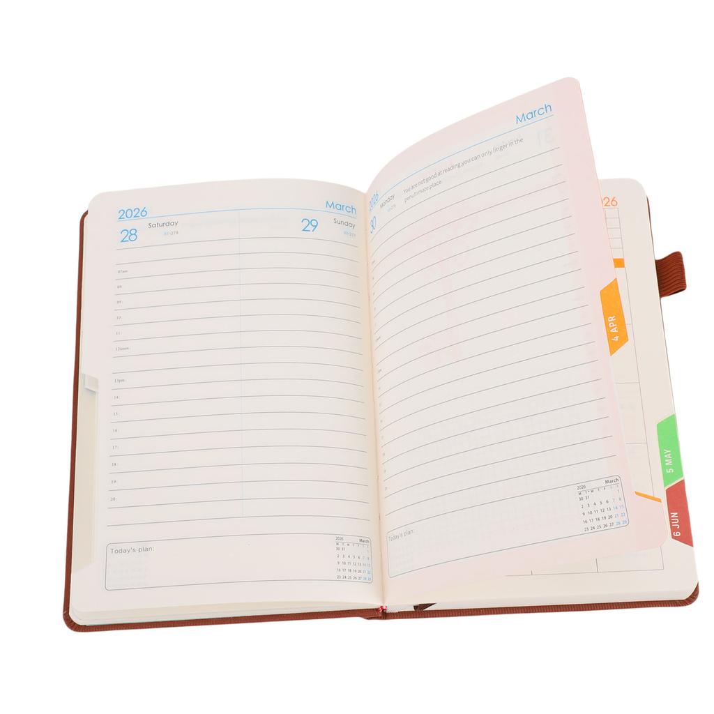 2026 Daily Planner 5.71x8.46in 200 Sheets 180 Degree Opening PU Leather Cover Hourly Appointment Book with Elastic Band