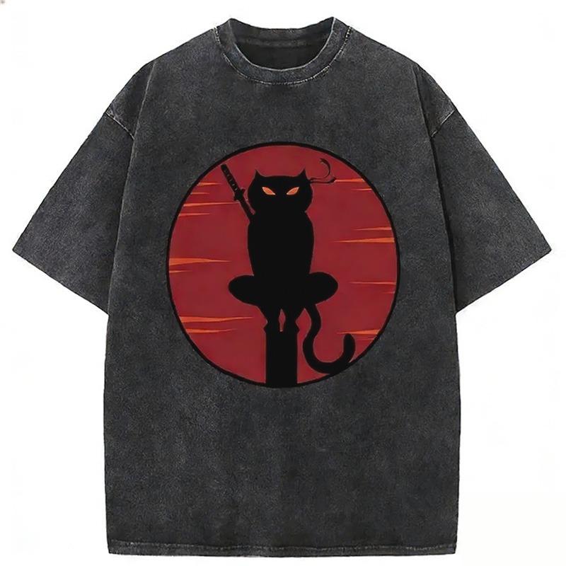 

Japanese Ninja Black Cat Washed T-shirt Fashion Men s Short Sleeve O-neck Harajuku HipHop Tunics Casual Loose Tops M