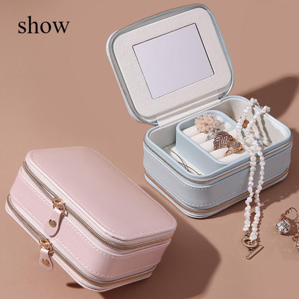 Double Zipper Jewelry Portable Storage Box Ring Earrings Necklace Jewelry Box PU Leather Lipstick Vanity Case