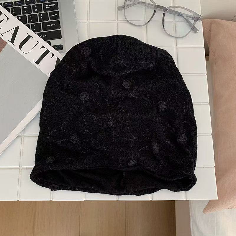 New small flower tulle headscarf hat women's spring and summer breathable mesh stacking hat showing face small headscarf hat