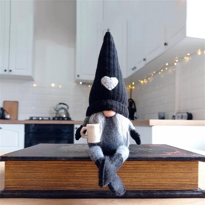Christmas Decoration Knitted Faceless Plush Gnome Doll Hanging Leg Holding Coffee Doll Table Holiday Decor Home Daily Decoration
