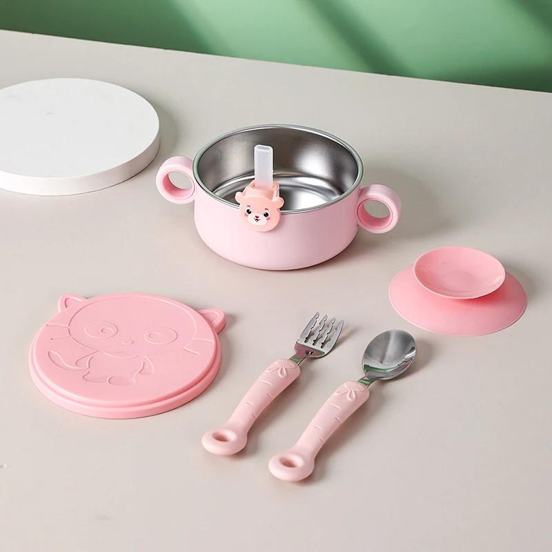 Baby Bowl Stainless Steel Tableware Set Baby Feeding Bowl with Suction Cup Spoon Fork Straw Set Toddler Training Feeding Bowls