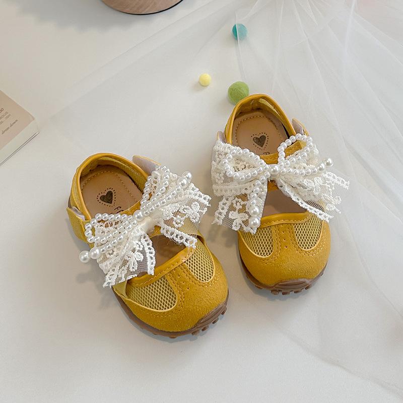 Children s Solid Color Mesh Breathable Casual Shoes2026New Summer Girls  Pearl Bow Sneakers 23Inner Length14.5cm жёлтый