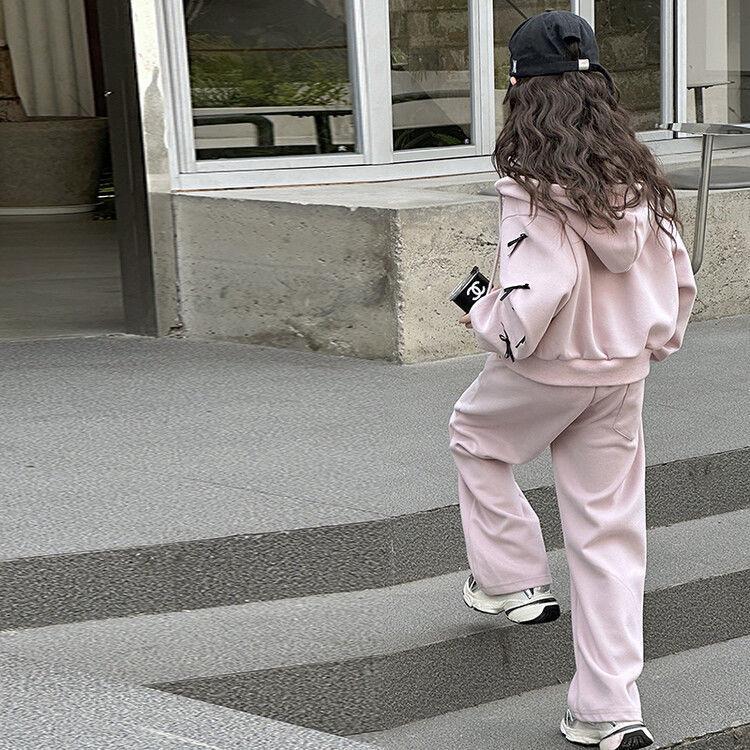 Trendiges koreanisches Schleifenset: Kapuzenjacke & Freizeithose für große Mädchen