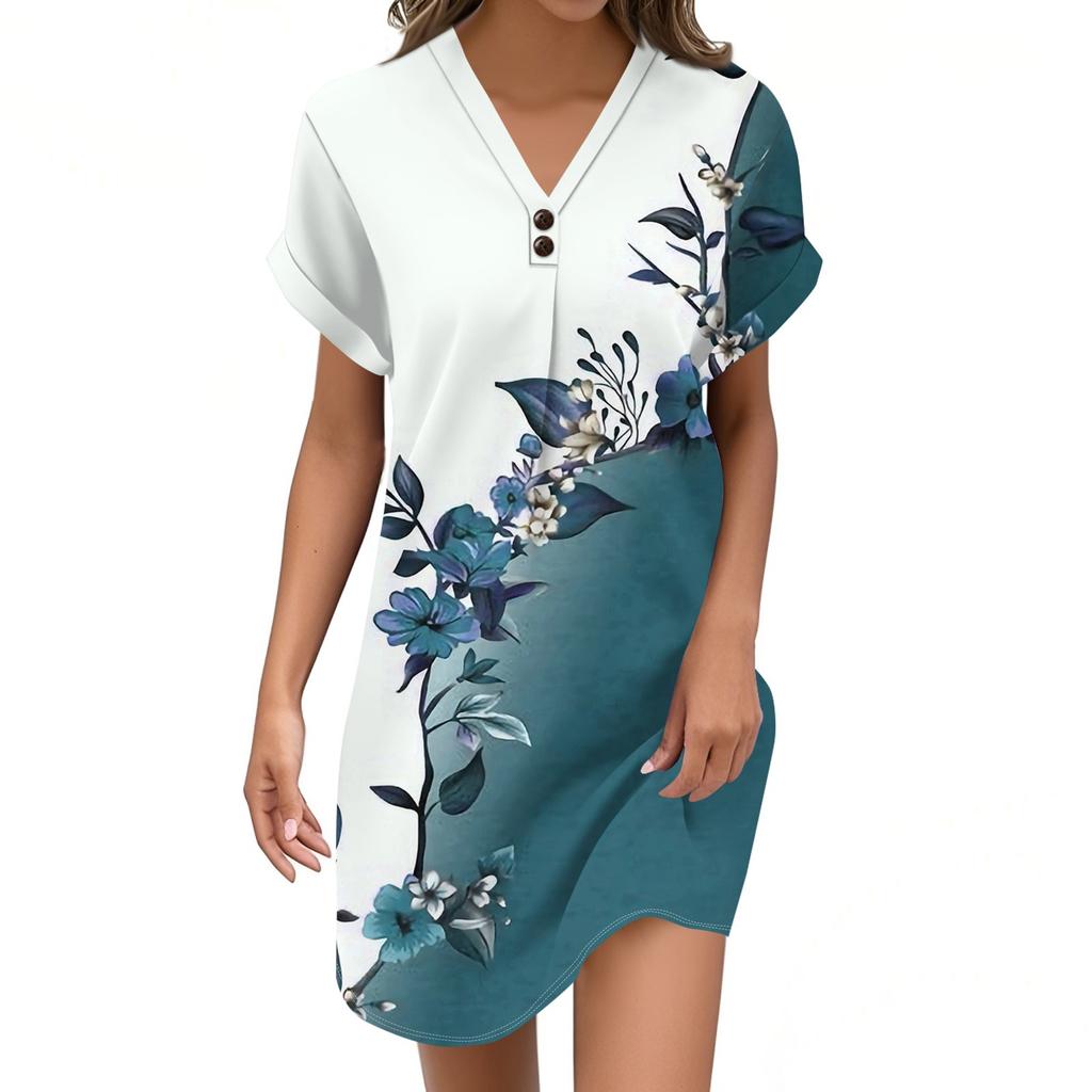 Women's V-neck Vintage Floral Print Pullover Casual Button Dress