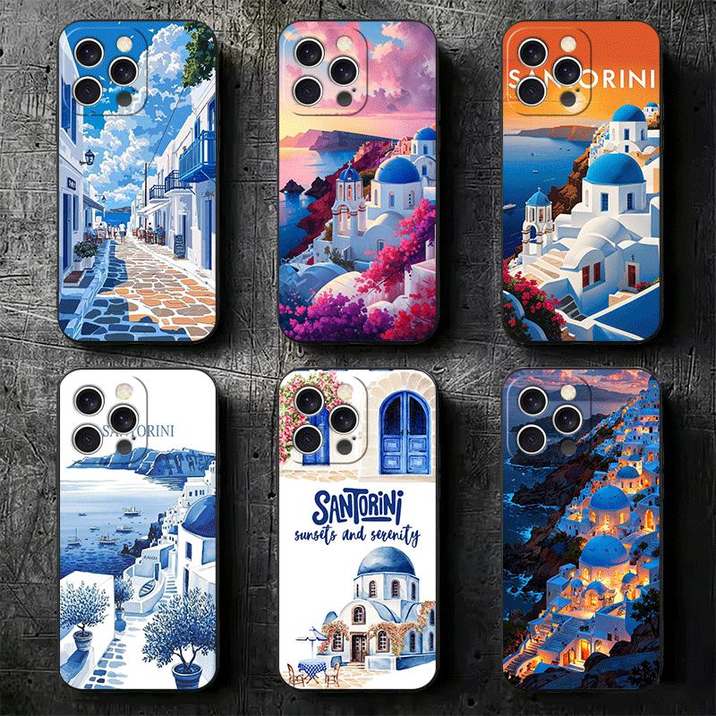 Santorini Greece Summer Soft Phone Case for iPhone 16 16E 17 Air 15 Pro Max 14 Plus 13 Mini 11 12 7 Black Cover Back Shell