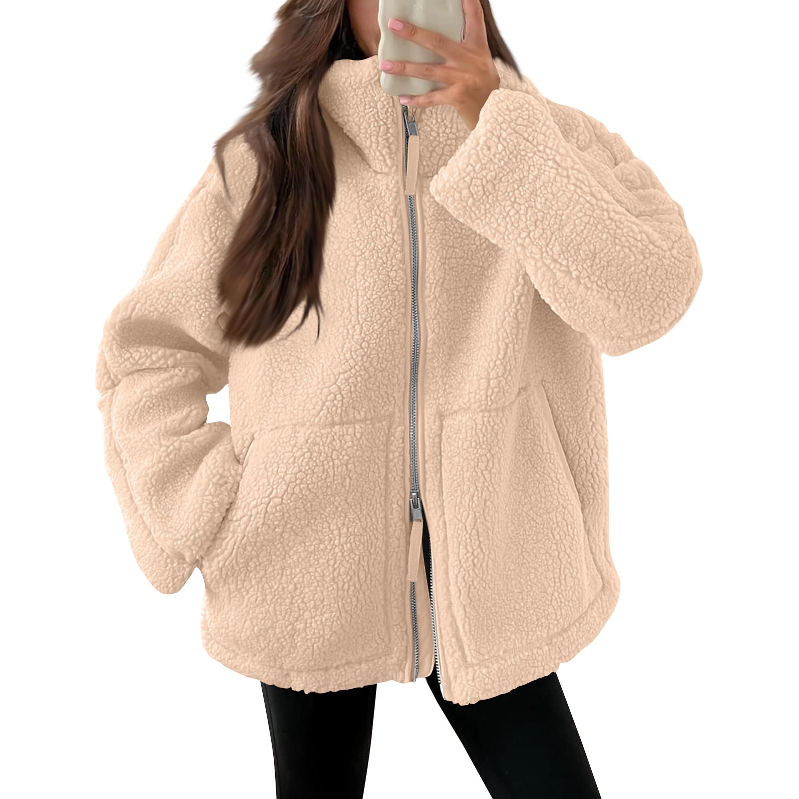 

Жіноча плюшева куртка повсякденного розміру з довгим рукавом, тепле зимове тедді на подвійній блискавці M хакі