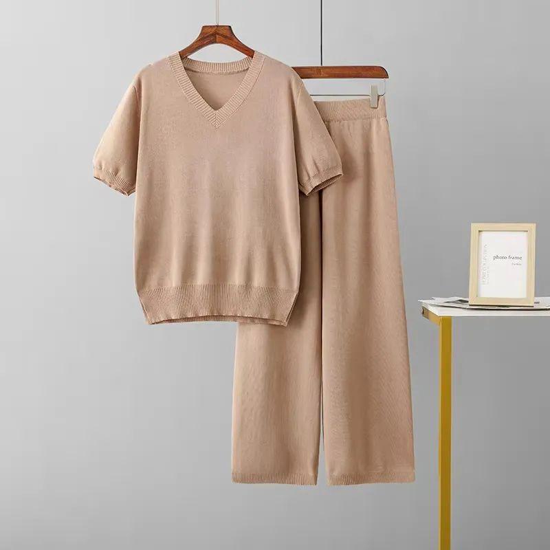Cross-Border Summer Fashion Knitting Suit Over fit knit Top Two-piece Set High Waist Drape Straight Casual Trousers
