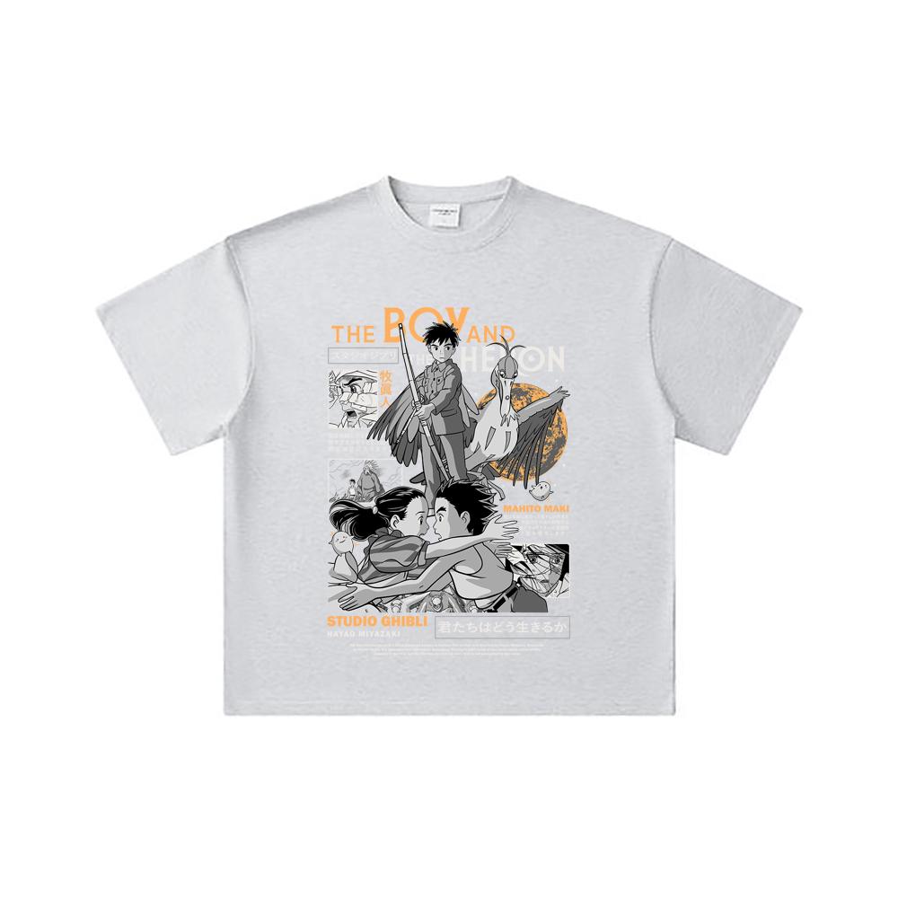 260 GSM Double Yarn 32 Count 100% Cotton Ghibli V3 The Boy The Heron Print Unisex Heavy Cotton T Shirt