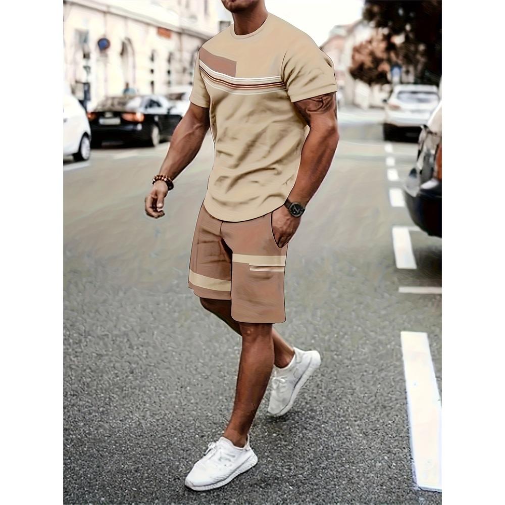 New Men's Short-Sleeve Athletic Shorts Set Crew Neck T-Shirt With Drawstring Shorts Stylish Streetwear Two-Piece Set