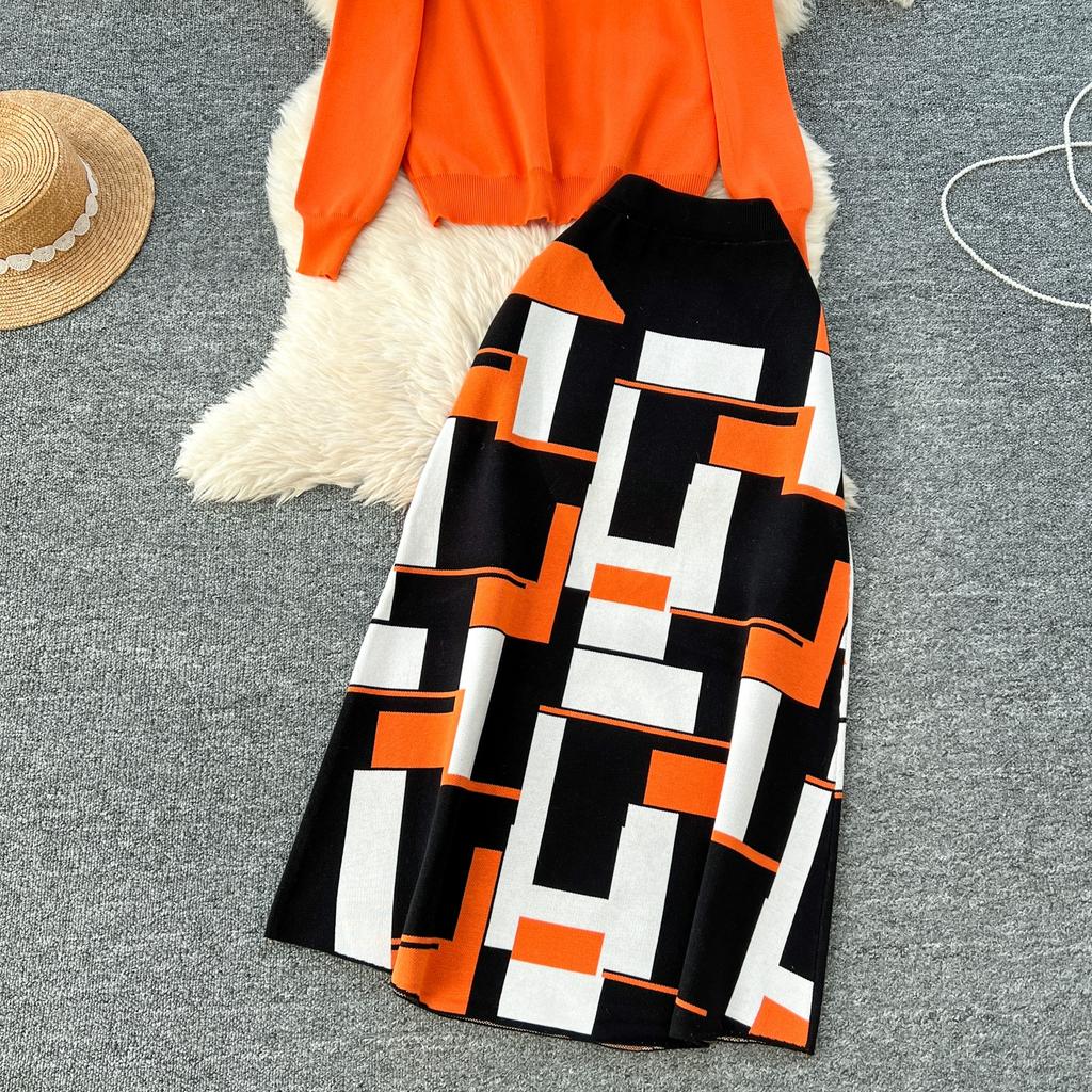 Høst Vinter Kvinner Elegant Strikket Genser Kontor Todelt Sett Ståkrage Pullover Topper og Lang Maxi Skjørt Dress