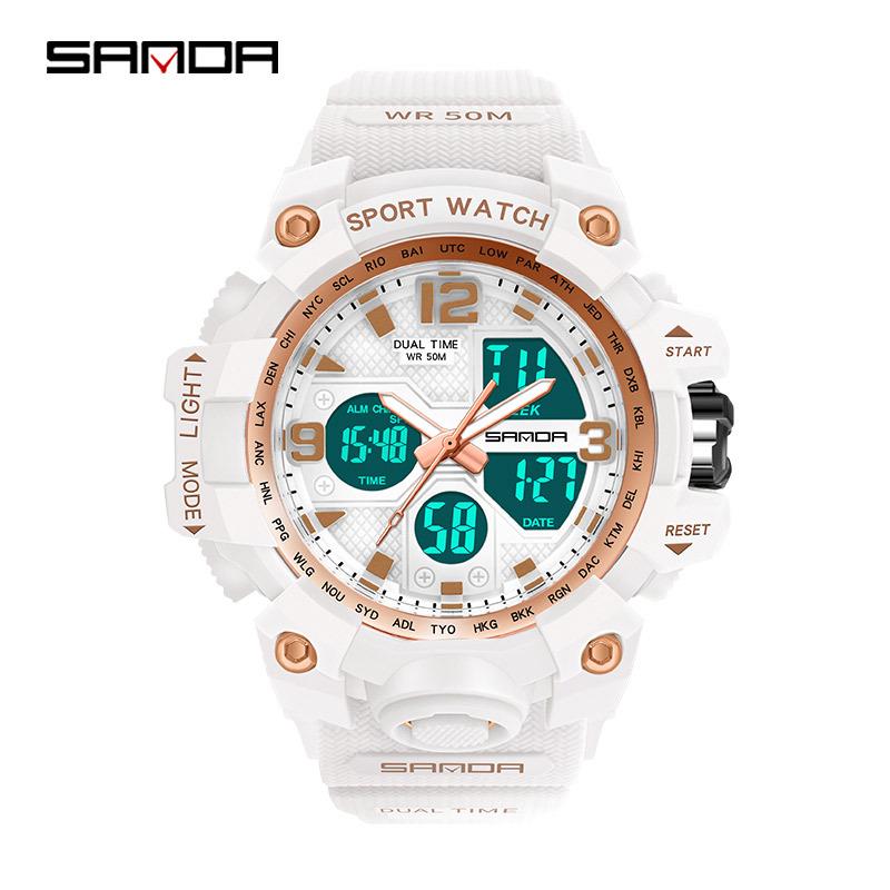 SANDA Women's Trendy LED Dual Display Waterproof Watch with Hourly Chime
