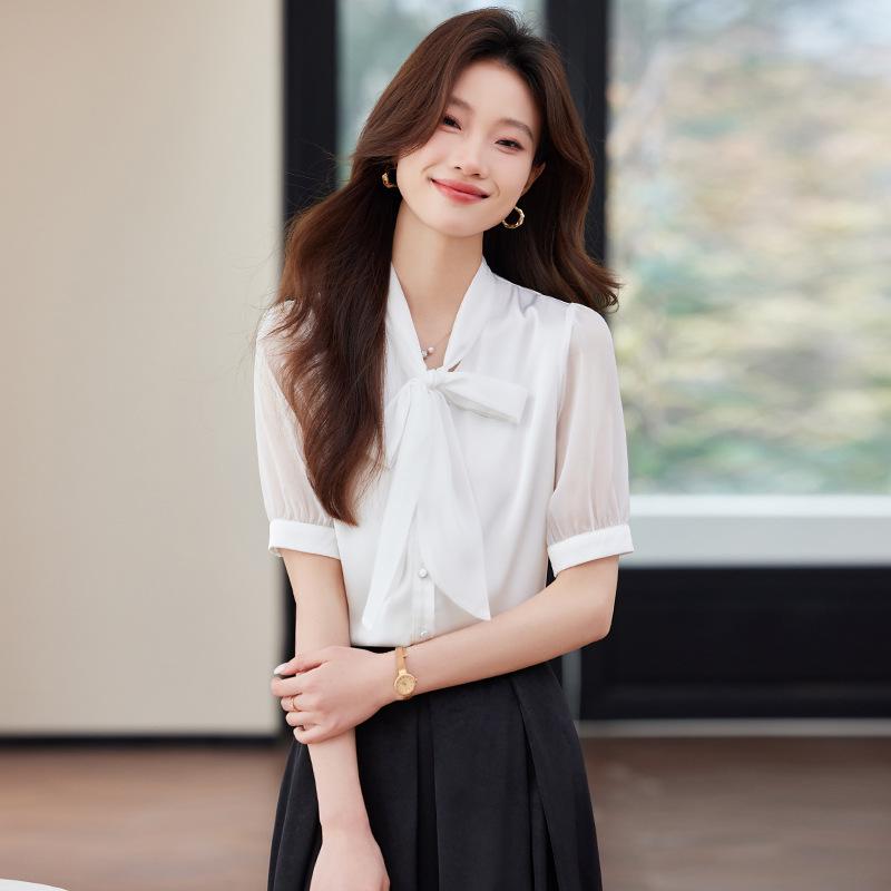 

Women s Fashionable Short Sleeve Chiffon Blouse with Tie-Up Bow 2024 - New Summer White Top L