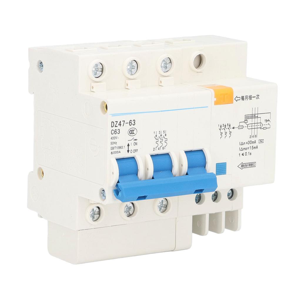 3P+N Miniature Circuit Breaker Ground Fault Leakage Overload Protection Switch 400V 63A