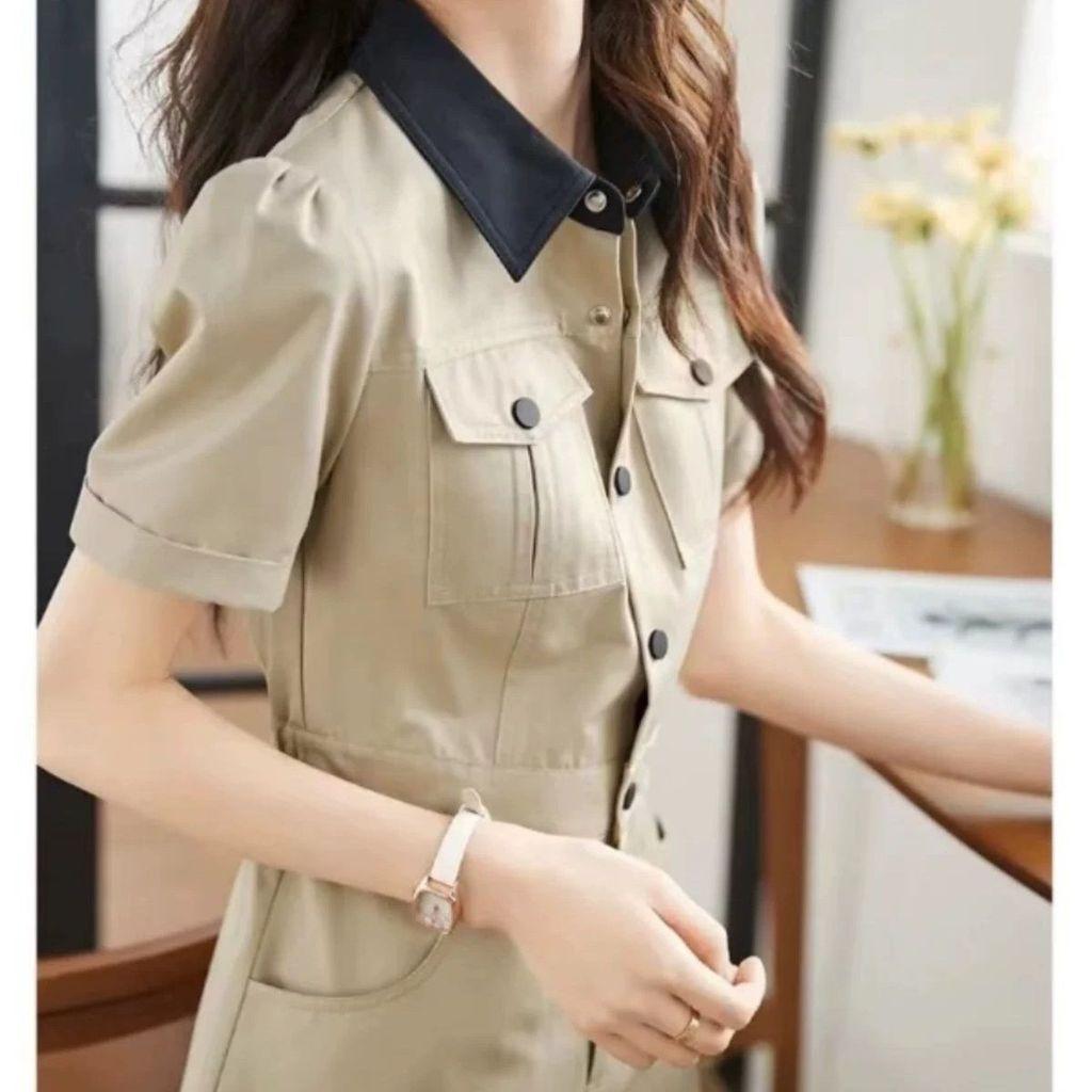 Summer Knitwear Dress With Polo Collar And Long Sleeve For Women