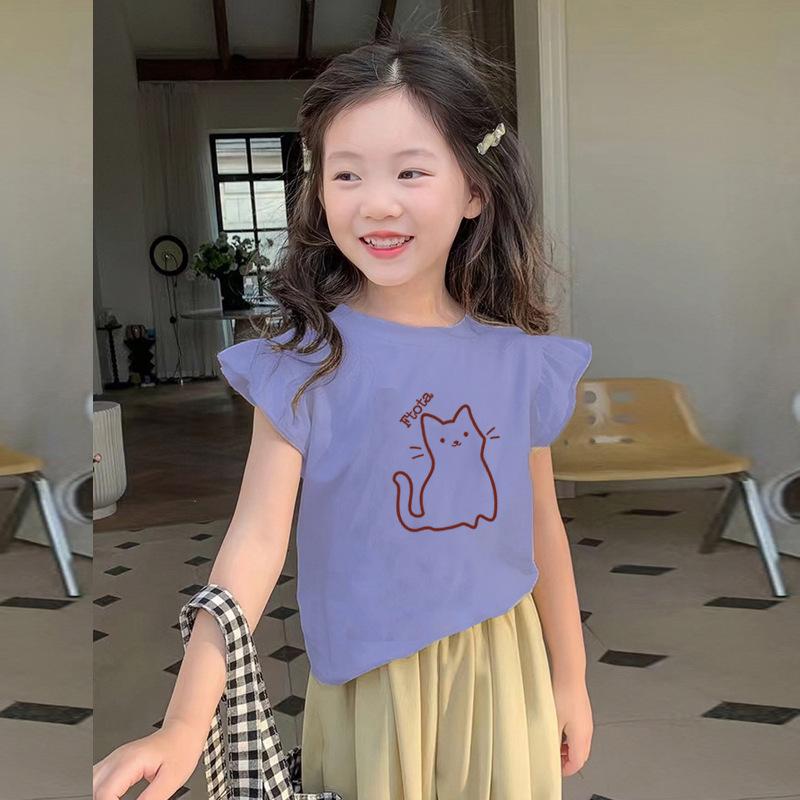 Girls Summer Cotton Cartoon Print T Shirt Trendy Flutter Sleeve Top