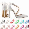 Sandali Bassi da Donna con Fibbia a Incrocio Estivi Punta Acuta Scarpe Nere Bianche Rosse Moda Pelle Verniciata Tacchi Alti Scarpe col Tacco Donna Festa