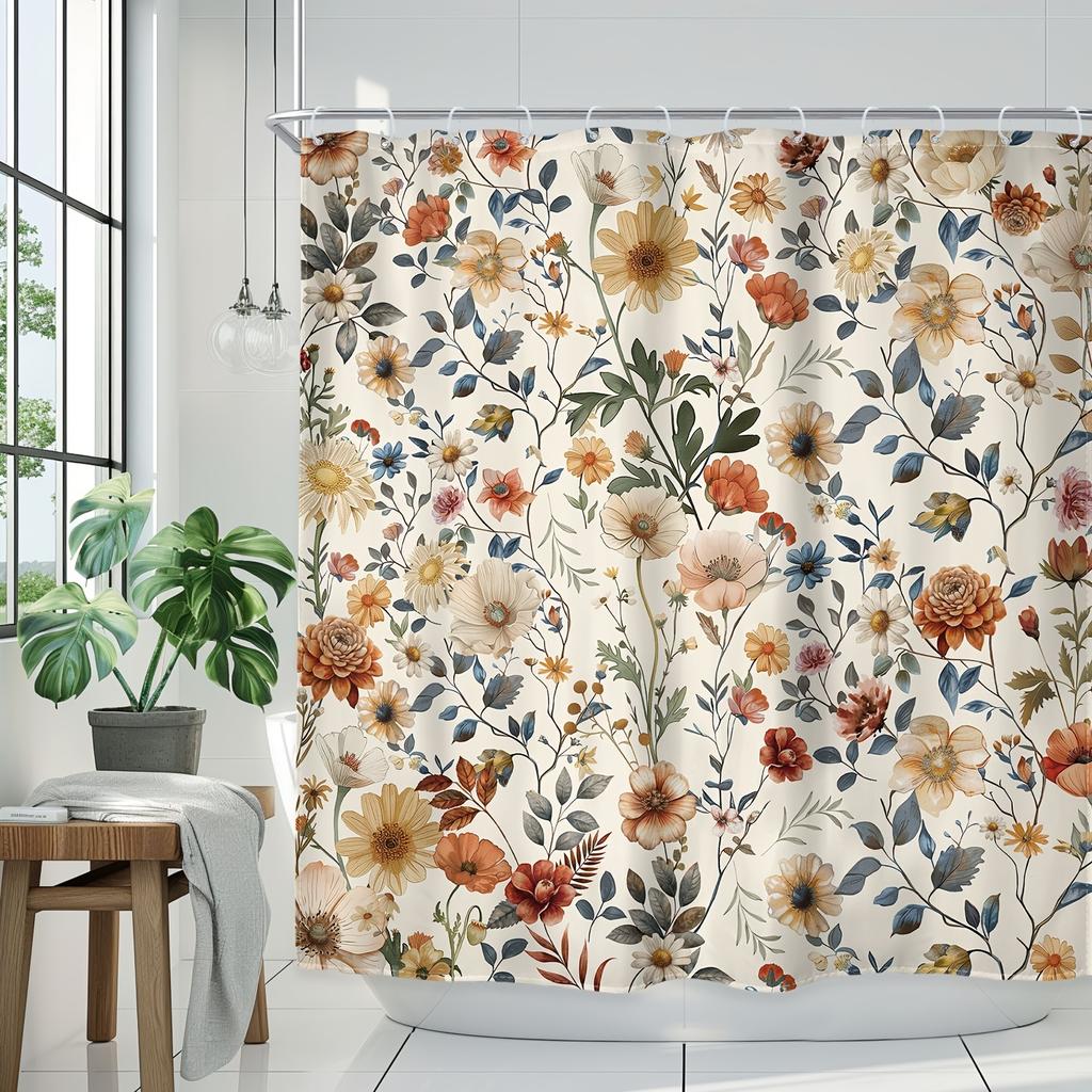 Retro Shower Curtain - Wild Flowers & Weeds, Waterproof, 12 Hooks, 71In, Modern Bath